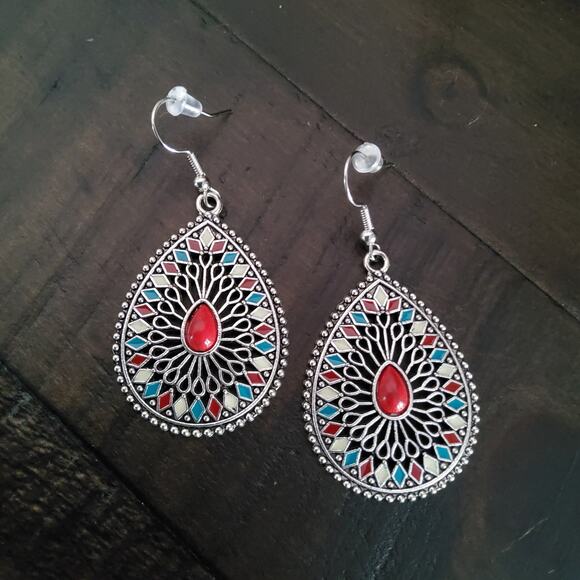 Boho Multicolor Dangle Teardrop Earrings - Picture 2 of 10